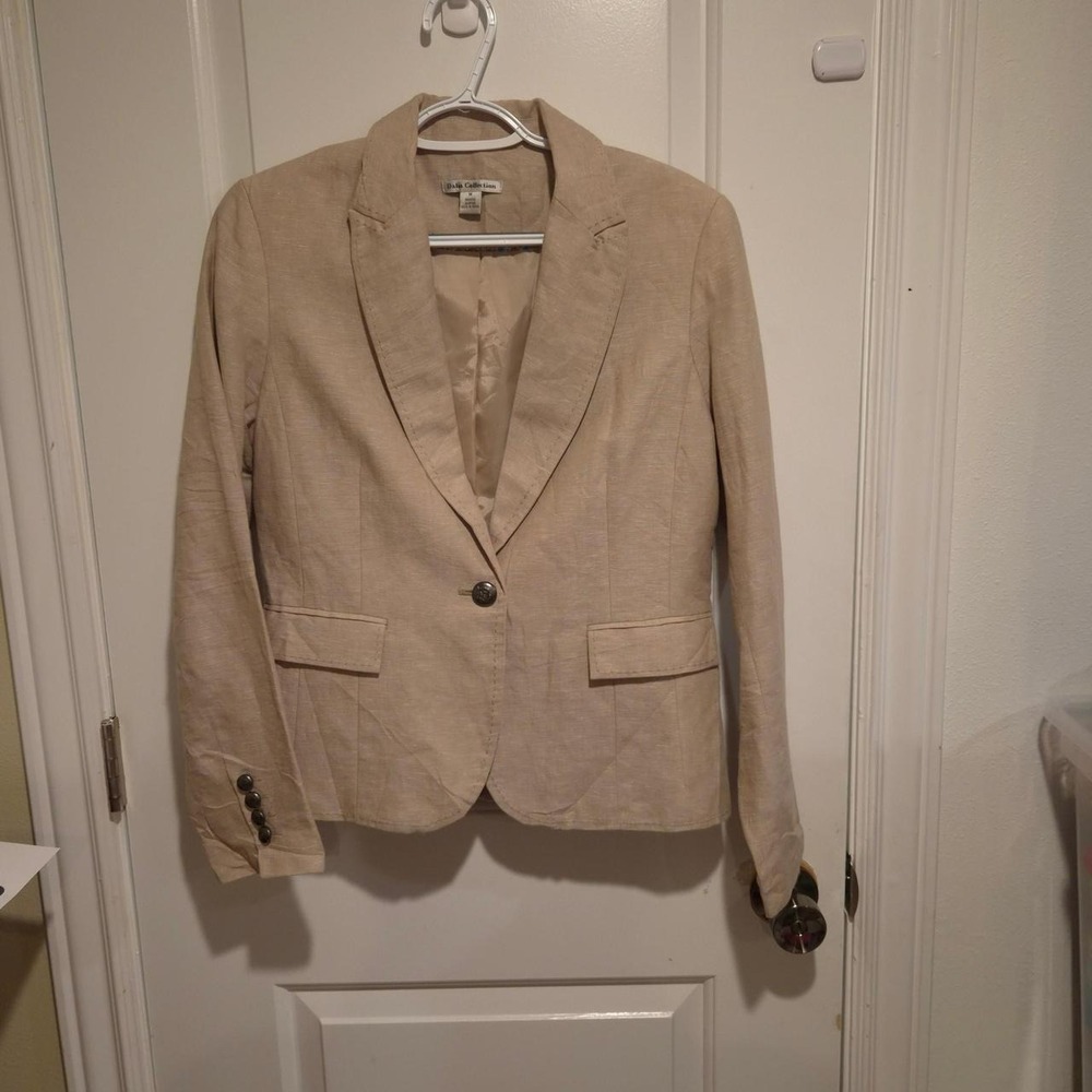 Dalia Collection Blazer Womens Size M Tan Excellent Single Button Linen Look